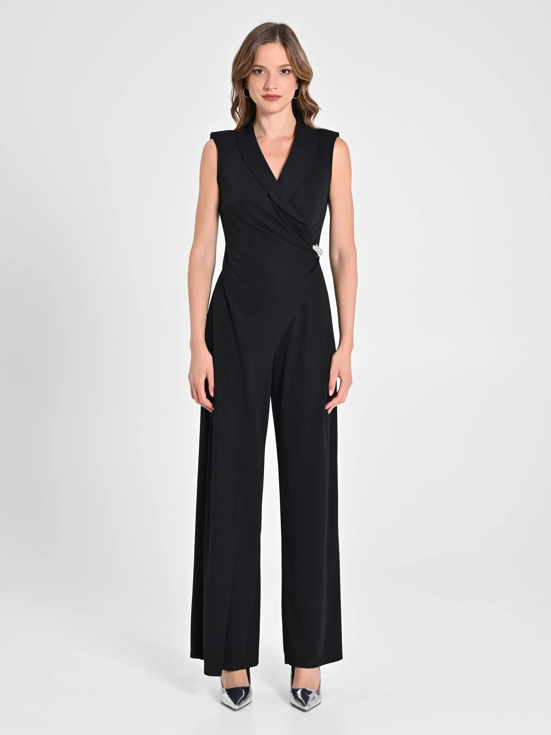 Tuxedo-Style Jumpsuit in Black Flowy Fabric