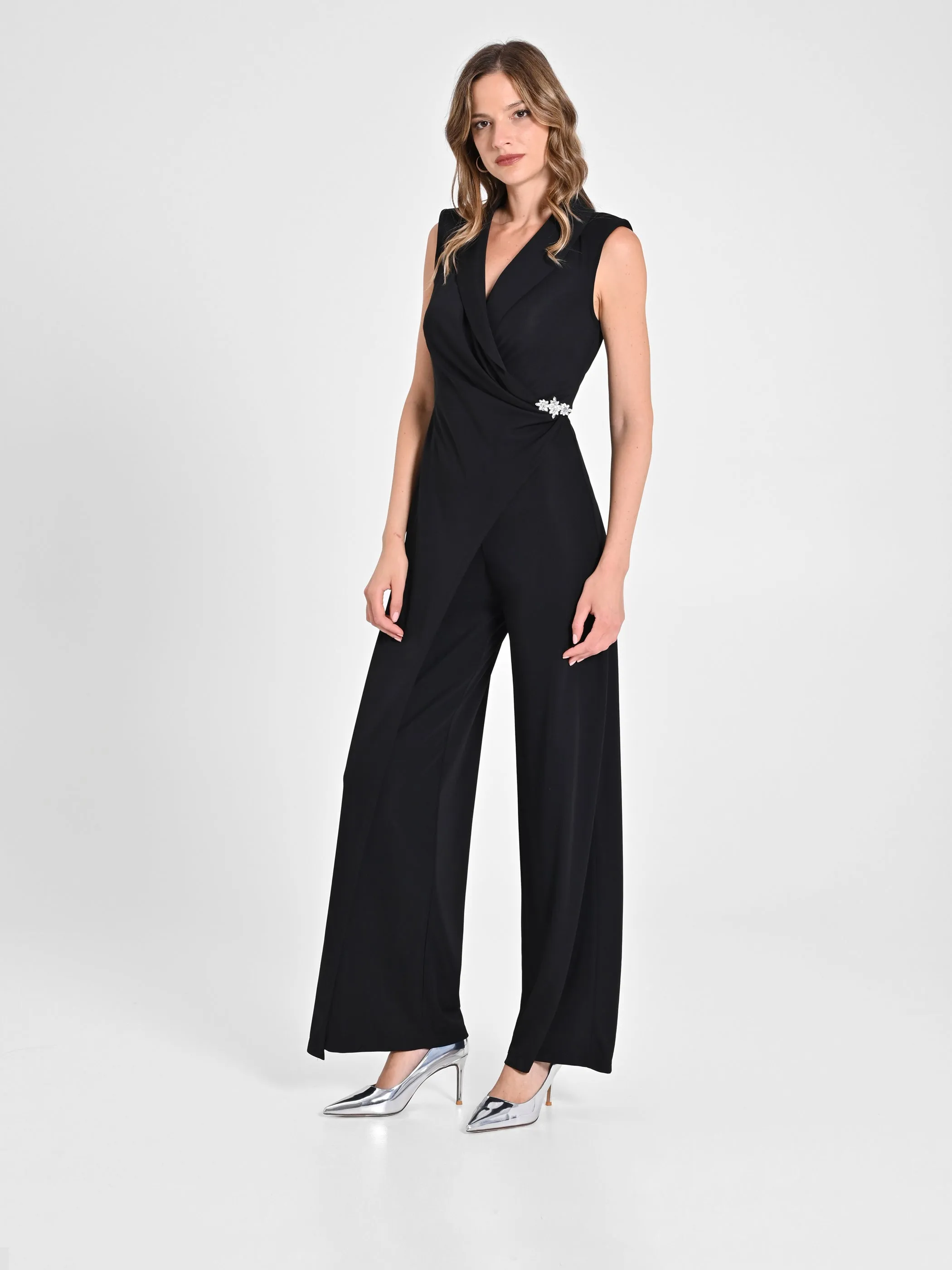 Tuxedo-Style Jumpsuit in Black Flowy Fabric