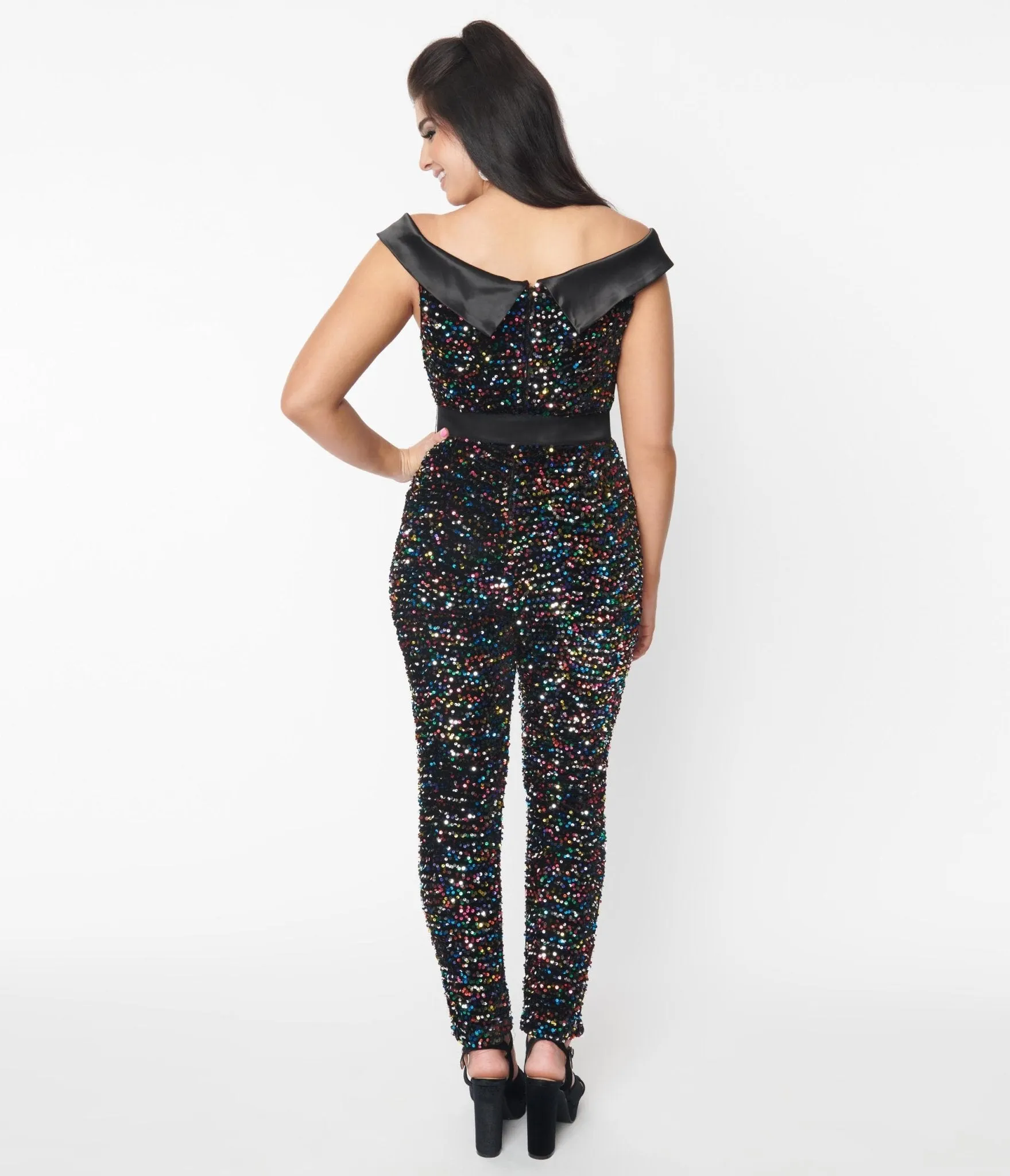 Unique Vintage 1970s Black & Rainbow Sequin Gillian Jumpsuit