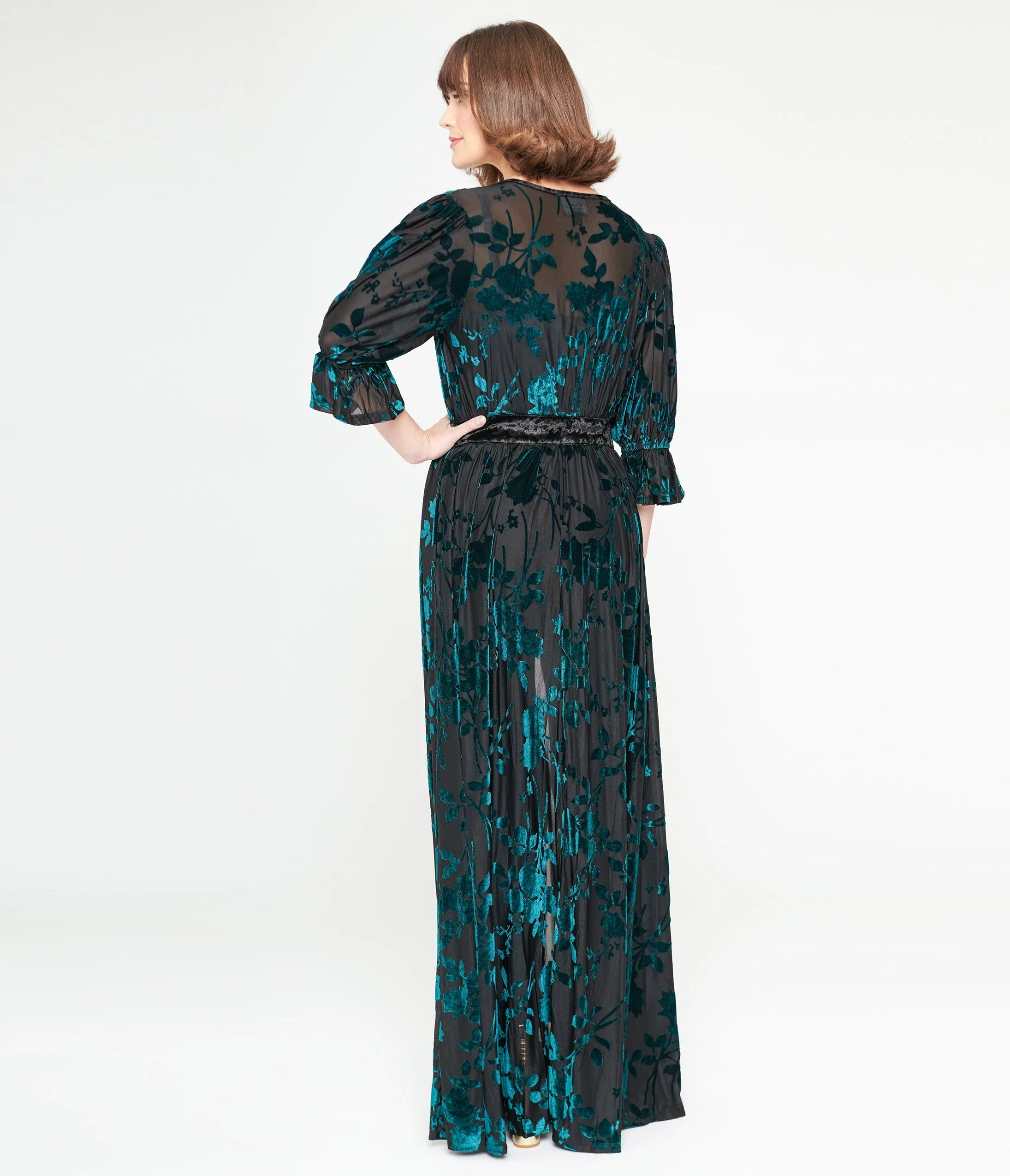 Unique Vintage Black & Teal Floral Velvet Burnout Duster