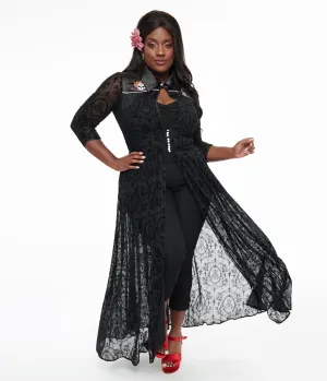 Unique Vintage Plus Size 1950s Black Flocked La Caterina Dia De Los Muertos Western Duster