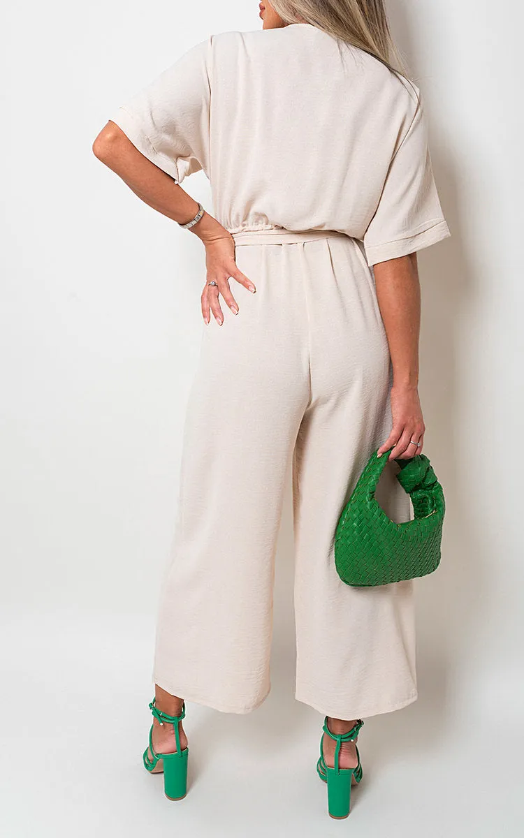 V Neck Tie Waist Short Sleeve Jumpsuit