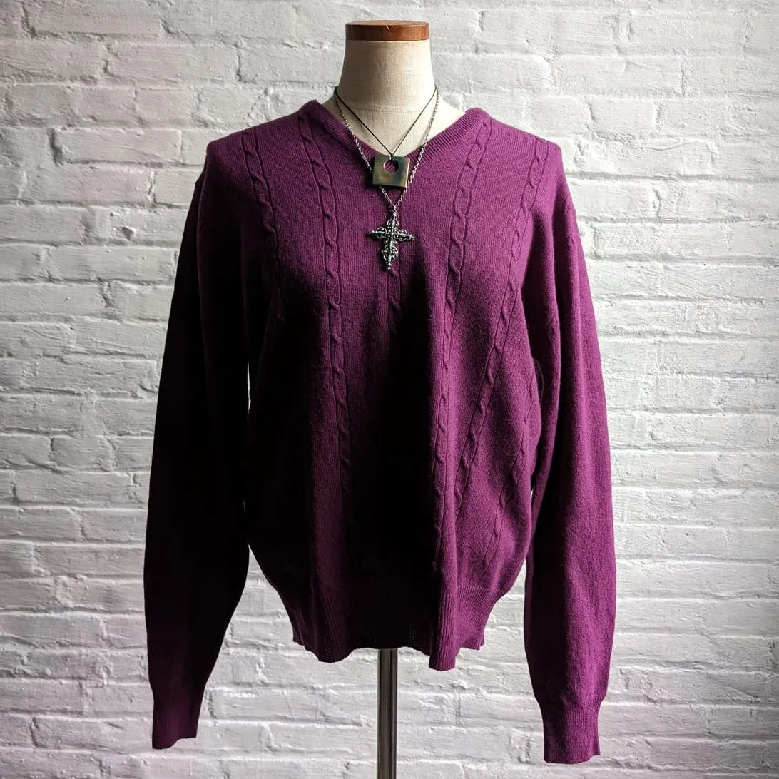 Vintage Wool Cable Knit Purple Grandpa Sweater Minimalist Grunge Woodsy Top