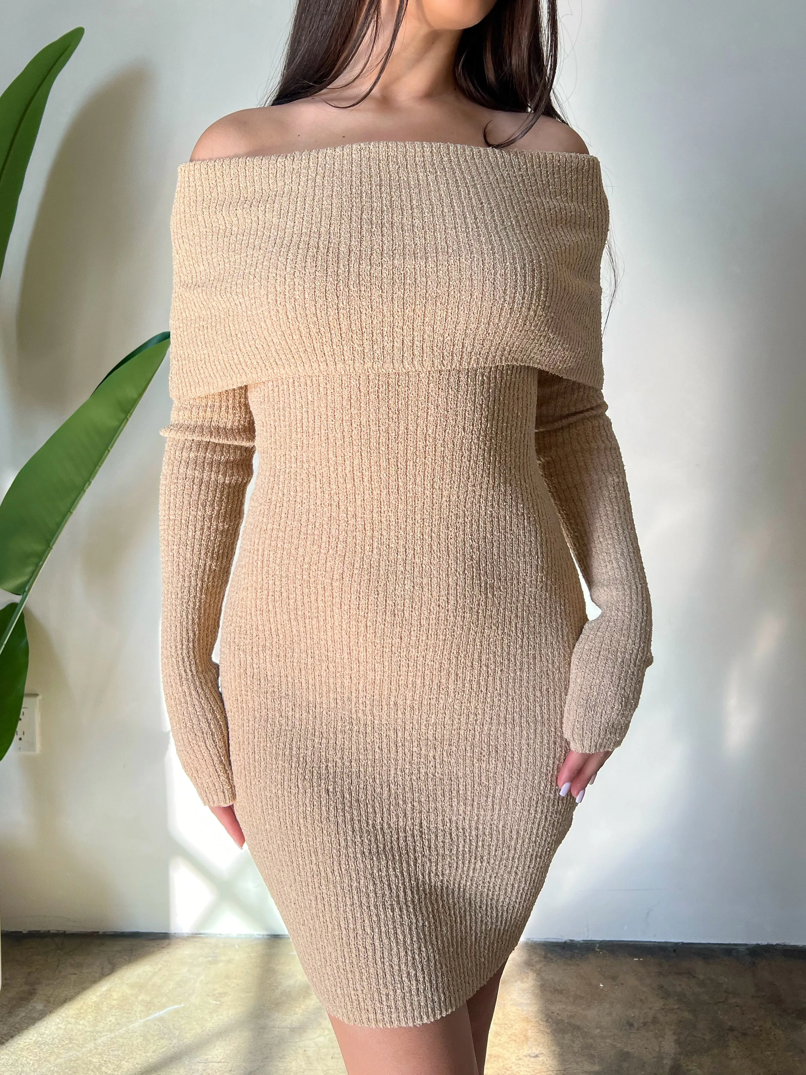 Viviana Knit Off the Shoulder Dress (Taupe)