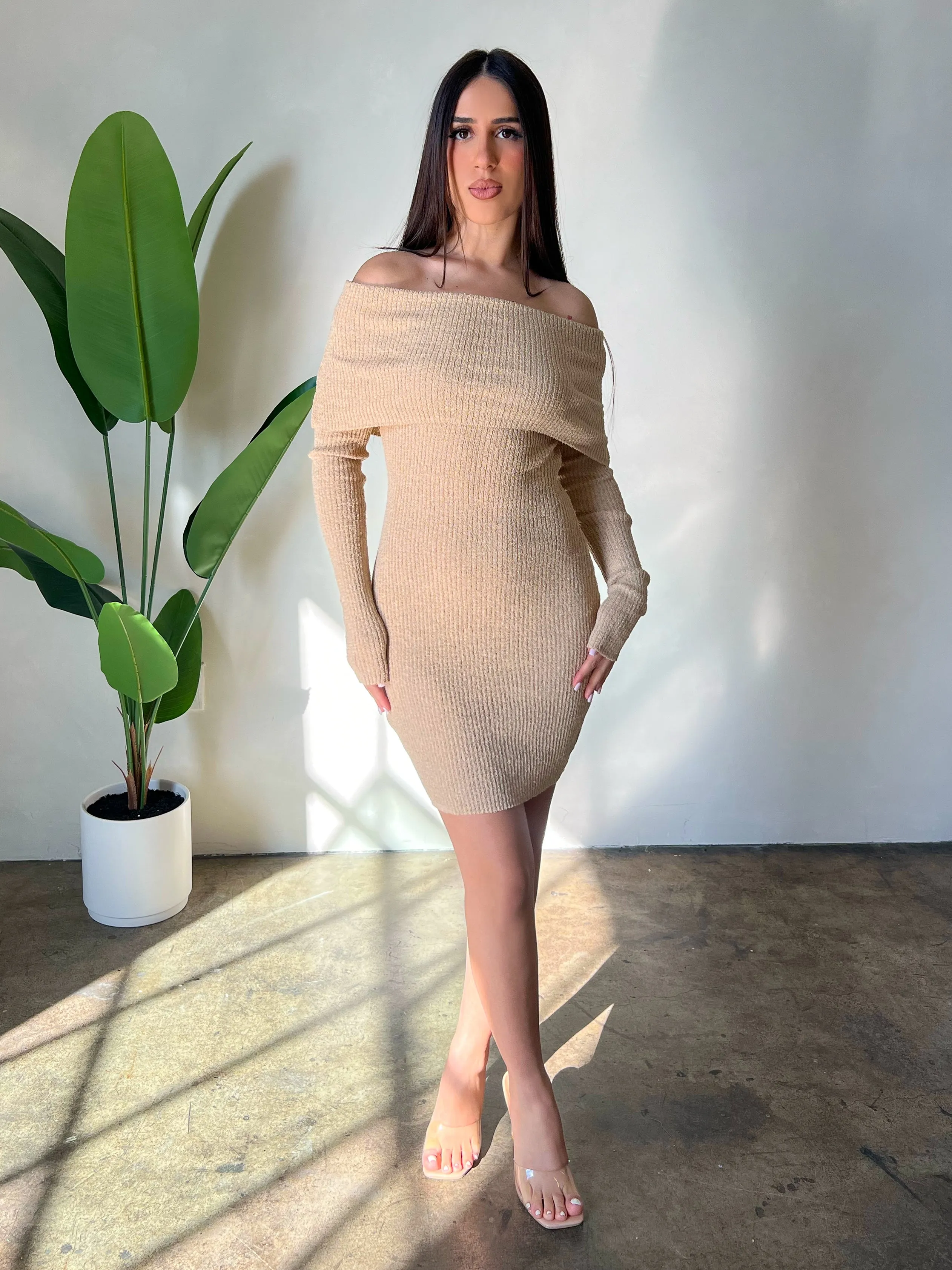 Viviana Knit Off the Shoulder Dress (Taupe)