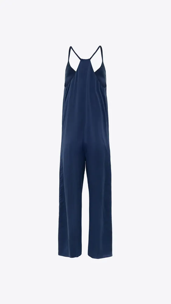 Washable Silk Elastic Strap Jumpsuit - Deep Blue