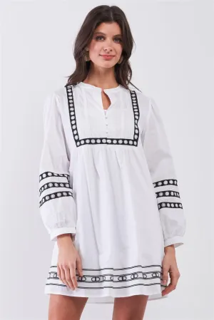 White & Black Embroidered Balloon Sleeve Shift Mini Dress With Slip