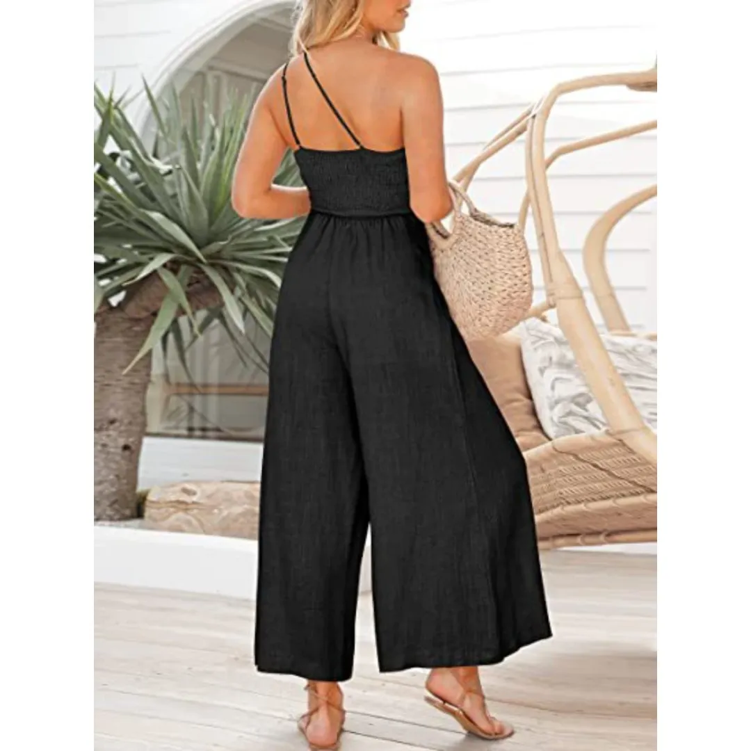 Wide Leg Backless Women's Jumpsuit, Cotton Linen, High Waist, Solid Color