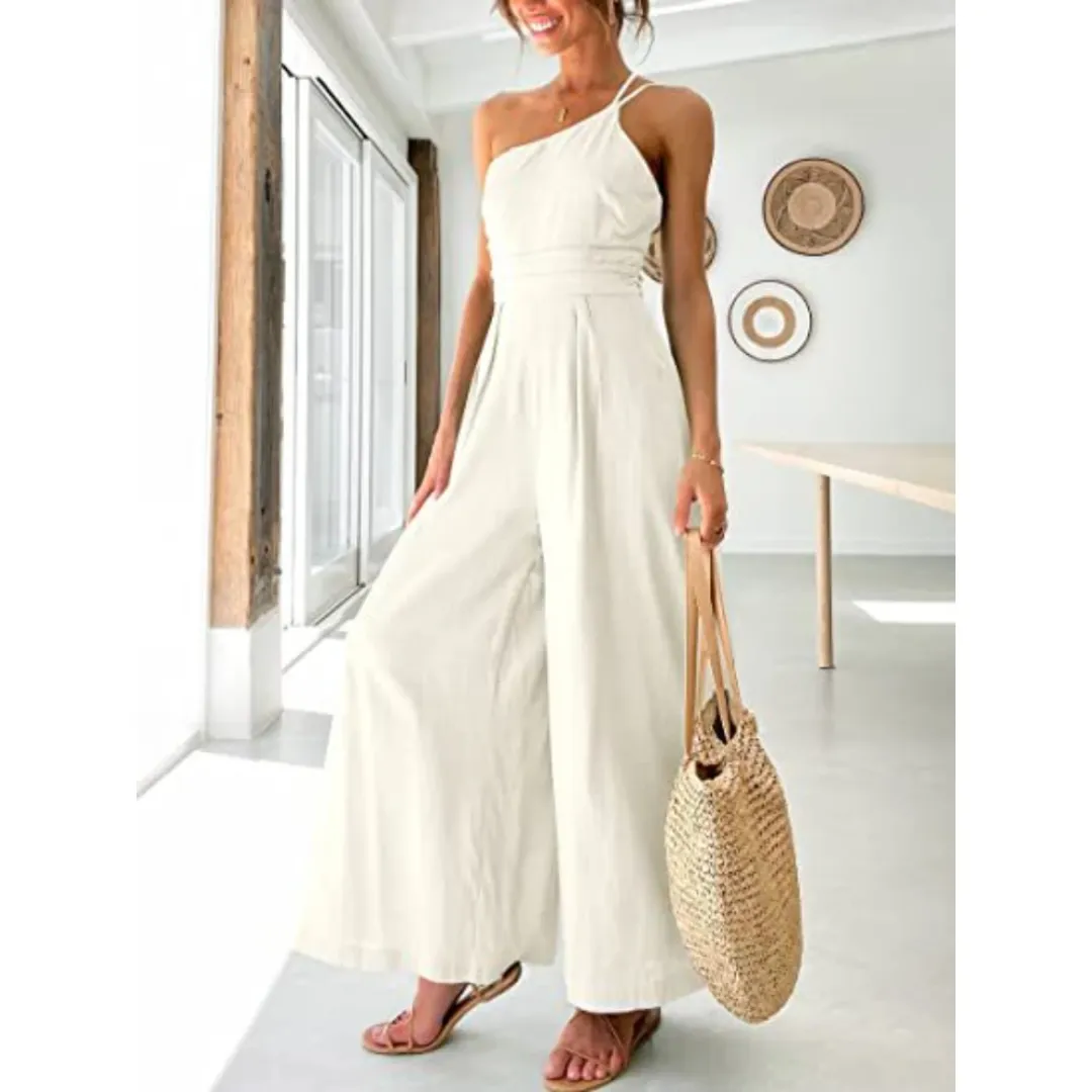 Wide Leg Backless Women's Jumpsuit, Cotton Linen, High Waist, Solid Color