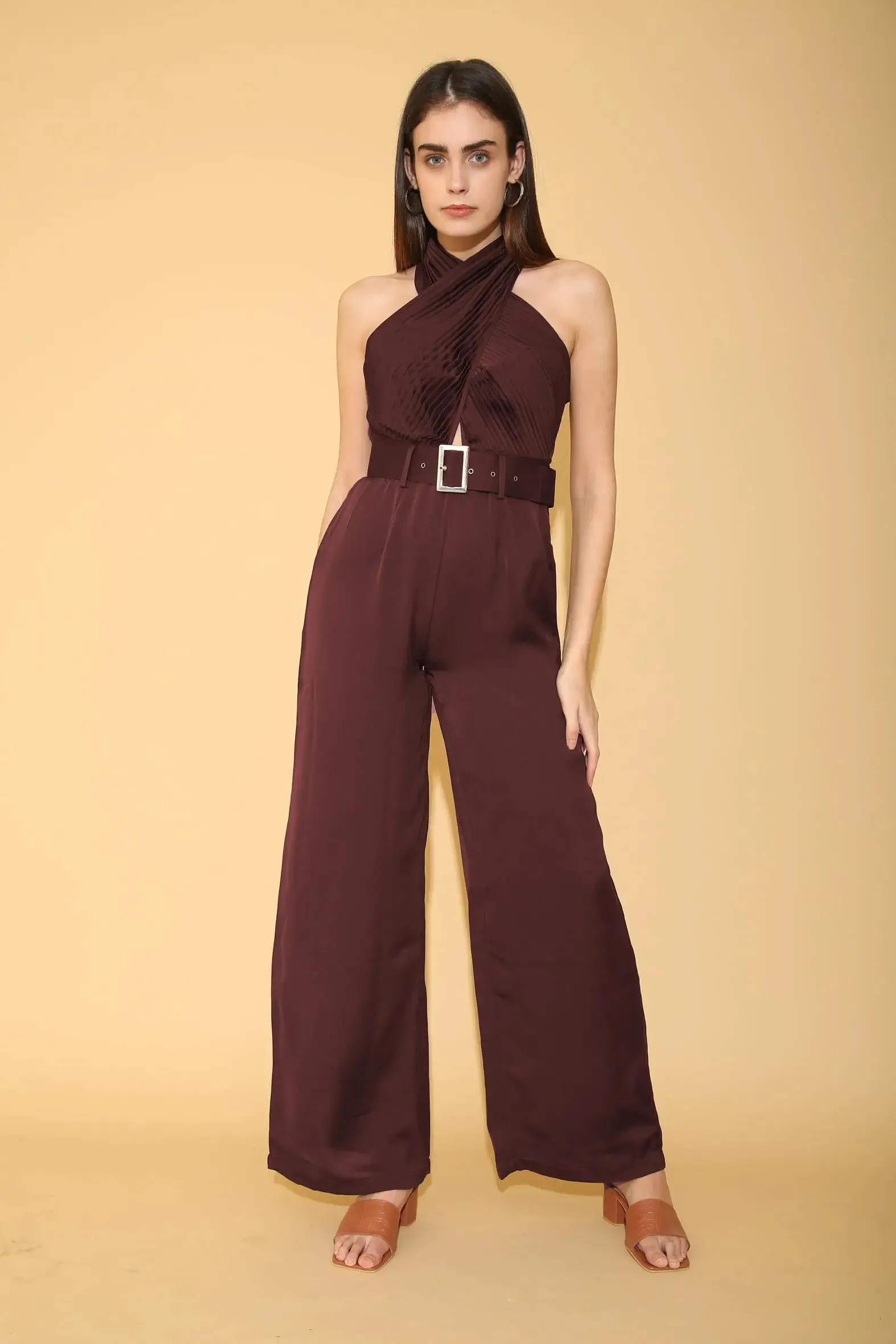 Wine Pleated Torso Jumpsuit