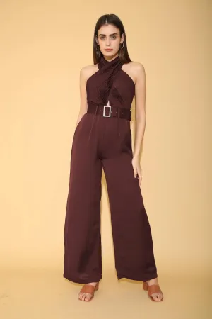 Wine Pleated Torso Jumpsuit