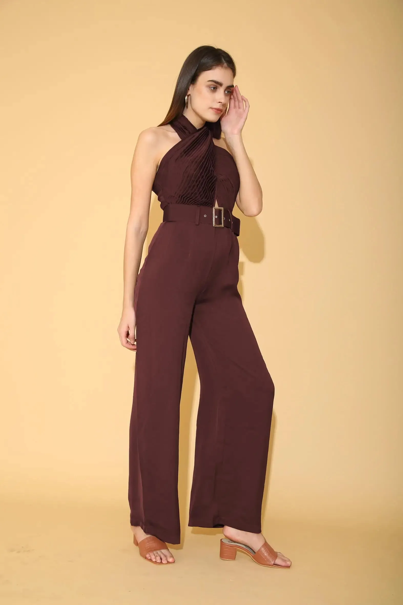 Wine Pleated Torso Jumpsuit