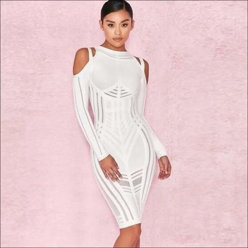 Winnal Long Sleeve Patchwork Bandage Midi Bodycon Dress