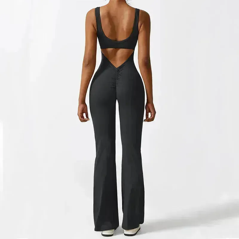 Women Sleeveless Flare Long Pant Yoga Fitness Jumpsuits