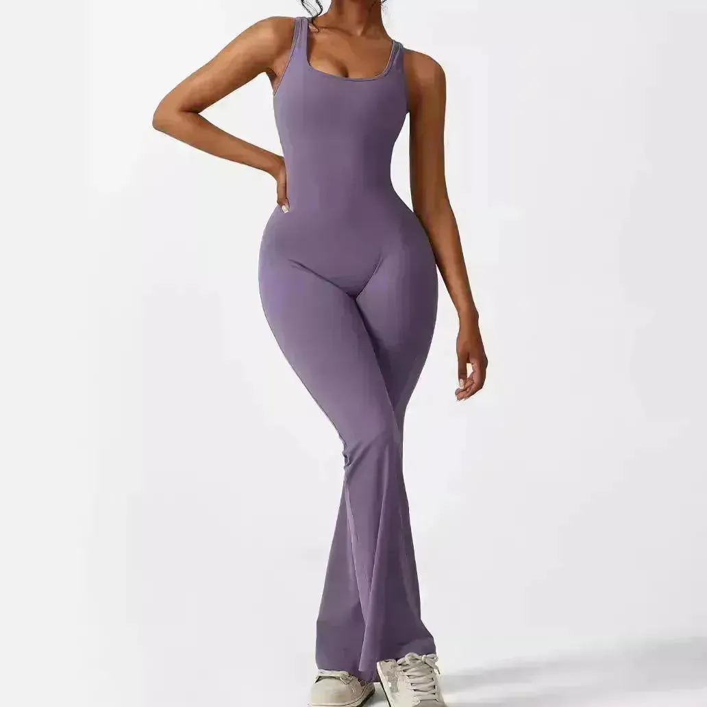 Women Sleeveless Flare Long Pant Yoga Fitness Jumpsuits