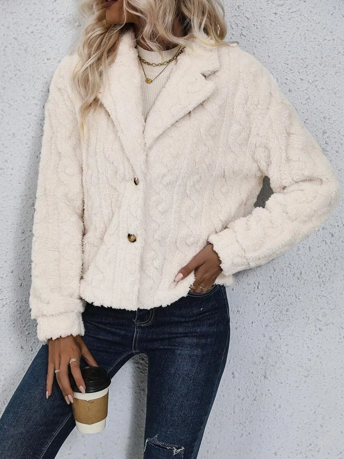 Women's Fuzzy Button Up Collared Neck Jacket