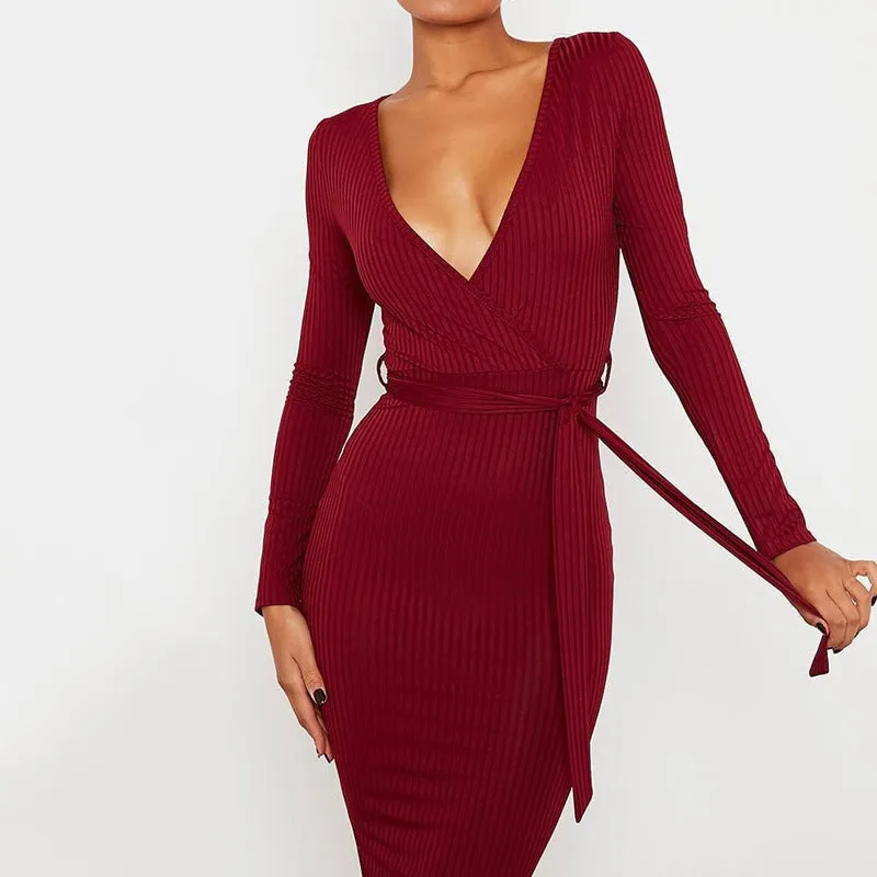 Women's Long Sleeve Deep V Neck Draped Knee Length Bodycon Bandage Dress