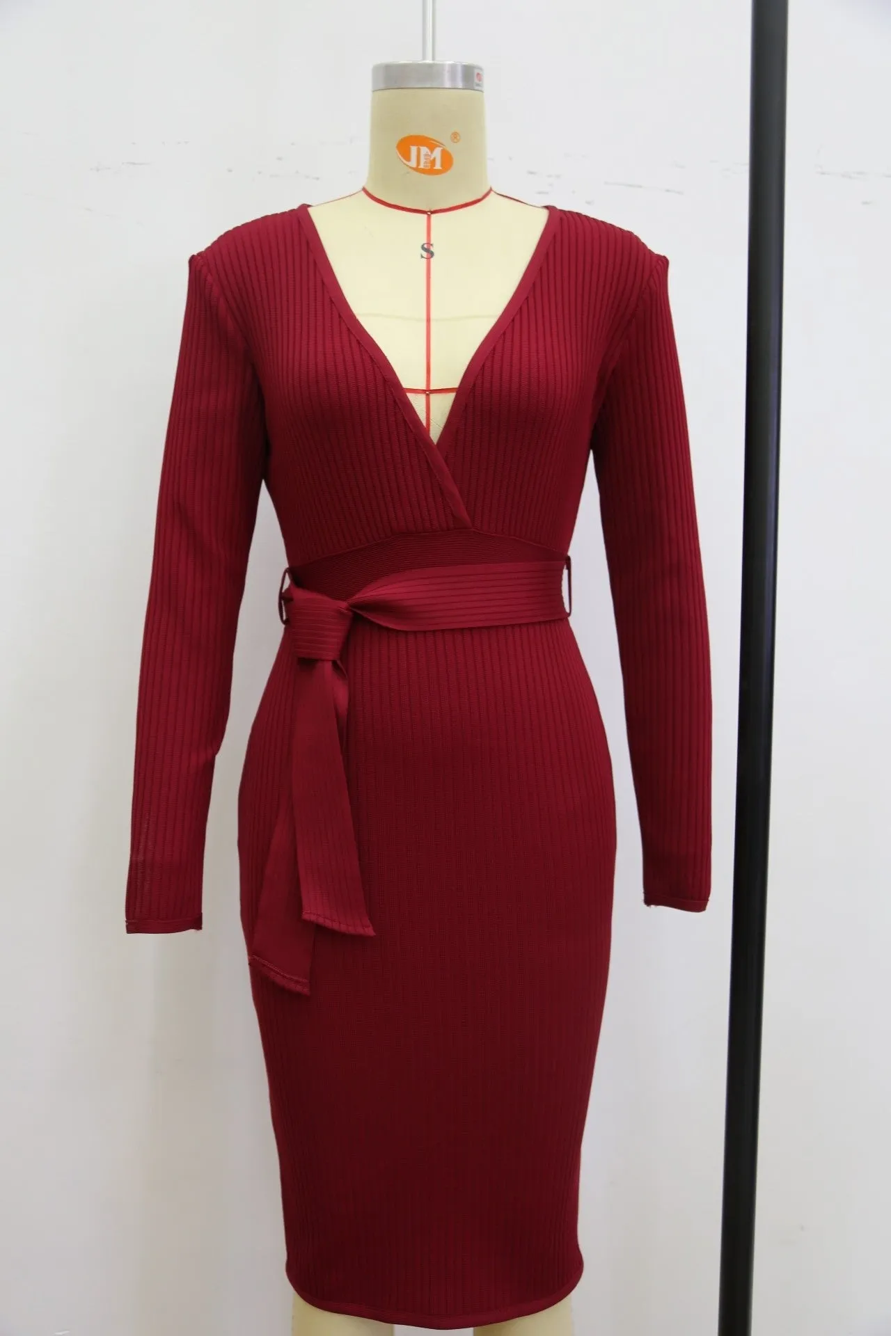 Women's Long Sleeve Deep V Neck Draped Knee Length Bodycon Bandage Dress