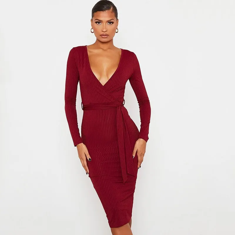 Women's Long Sleeve Deep V Neck Draped Knee Length Bodycon Bandage Dress