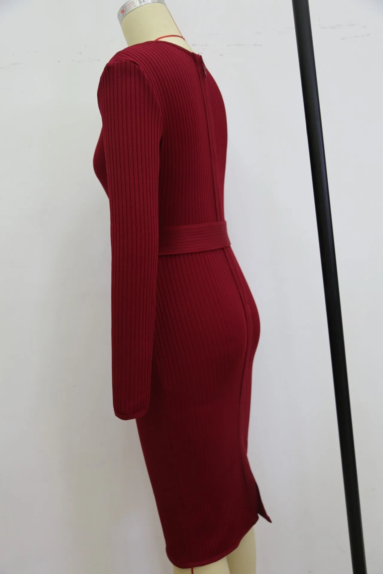 Women's Long Sleeve Deep V Neck Draped Knee Length Bodycon Bandage Dress