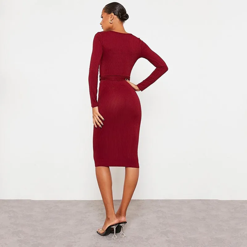 Women's Long Sleeve Deep V Neck Draped Knee Length Bodycon Bandage Dress