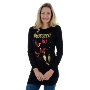 Womens Novelty Sequin Prosecco HO HO HO Tunic Christmas Jumper