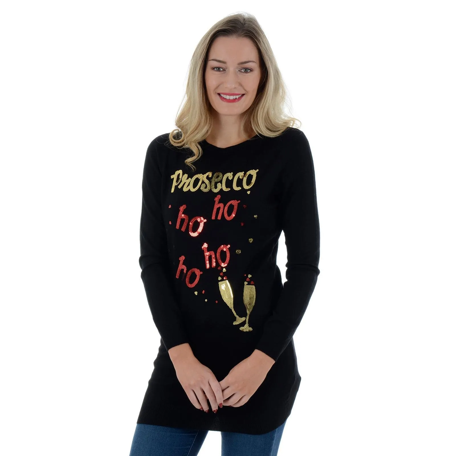 Womens Novelty Sequin Prosecco HO HO HO Tunic Christmas Jumper