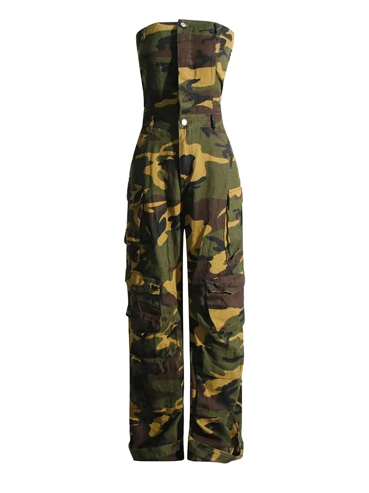 Women's Off-the-Shoulder Camo Cargo Jumpsuit