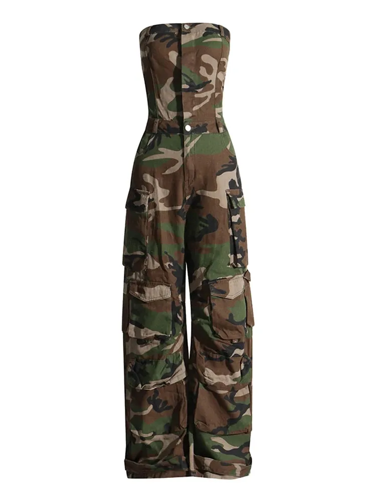 Women's Off-the-Shoulder Camo Cargo Jumpsuit