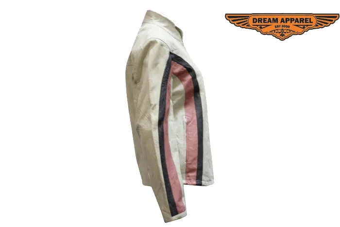 Womens Soft Leather Jacket With Silver  & Pink Stripes