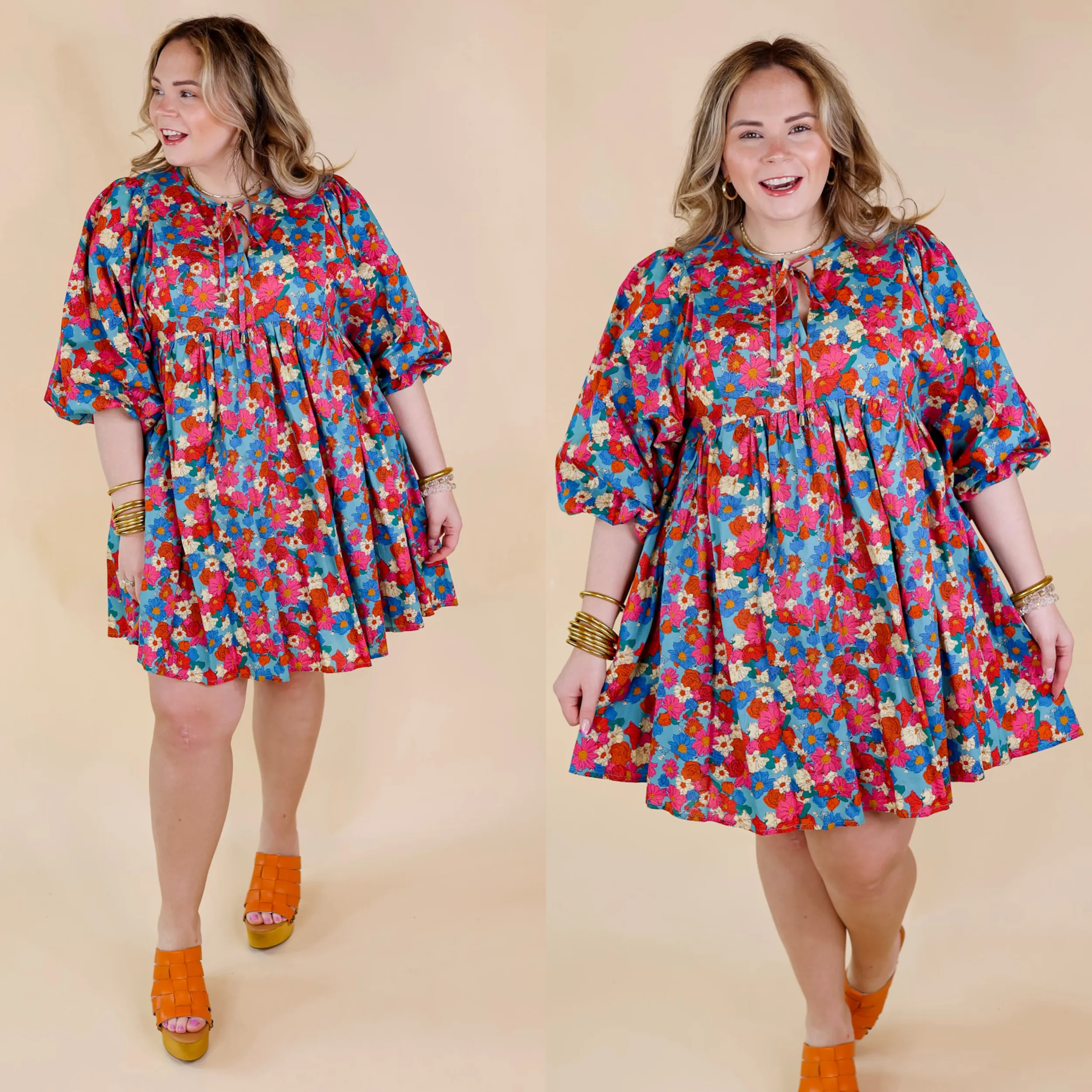 Wrapped In Love Floral Half Sleeve Dress with Keyhole Front in Turquoise