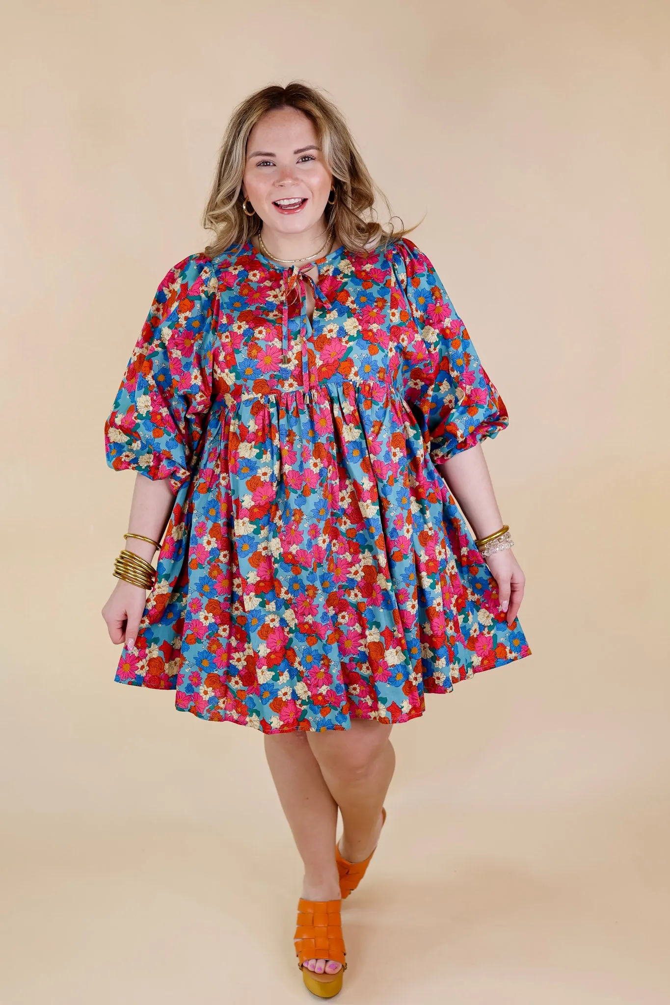 Wrapped In Love Floral Half Sleeve Dress with Keyhole Front in Turquoise