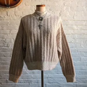 Y2K Vintage Minimalist Neutral Knit Wool Sweater Chunky Cable Knit Boho Chic Top