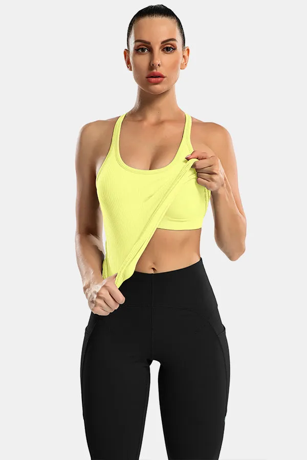 Yellow Racerback Scoop Neck Athletic Top Hip Length Ribbed Workout Tank Tops