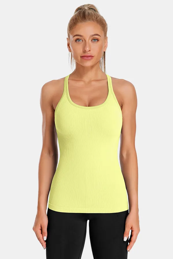 Yellow Racerback Scoop Neck Athletic Top Hip Length Ribbed Workout Tank Tops