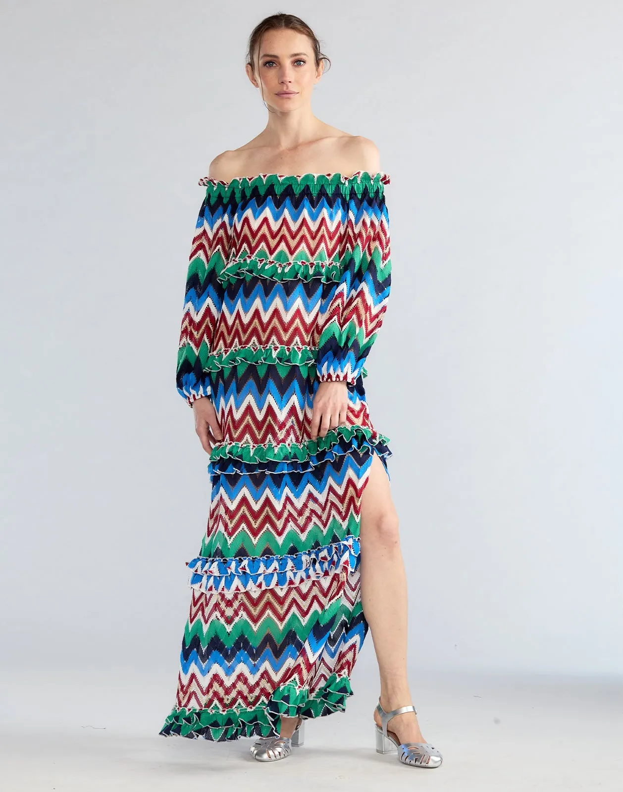 Zigzag Knit Off Shoulder Dress