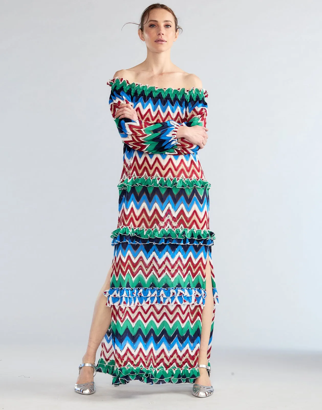 Zigzag Knit Off Shoulder Dress